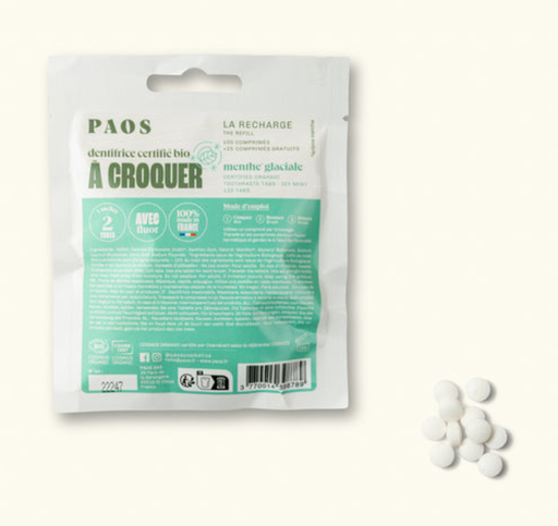 PAOS - Recharge dentifrice à croquer BIO - menthe glaciale - travel - 125 comprimés - 37,5g 