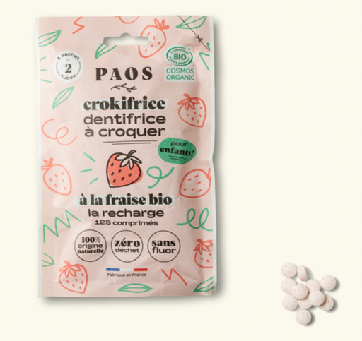 [4PS00058] PAOS - Recharge dentifrice à croquer BIO - Crokifrice - fraise - 125 comprimés - 37,5g 